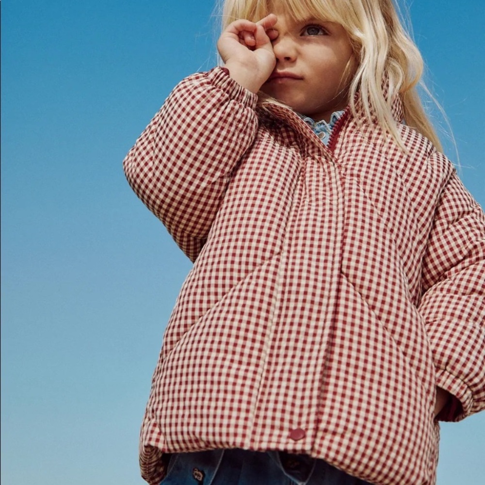 Zara red Gingham puffer Coat ISO - Picture 2 of 2